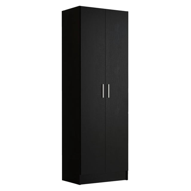Madesa Modern Pantry Storage Cabinet Armoire Closet with 2 Doors and 5 Utility Shelves, shown in black finish. The tall, rectangular design features sleek metal handles and a sturdy particle board construction. Suitable for use as a pantry cabinet, kitchen storage, bedroom closet, or garage organizer, with shelves supporting up to 33lbs each.