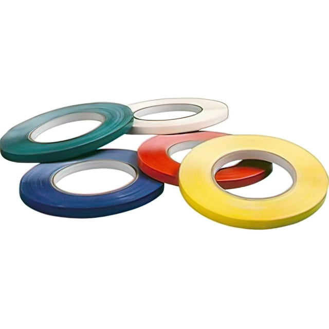 Power sealer for PE and PP bag with five overlapping rolls of 3/8-inch-wide PVC tape in green, white, red, blue, and yellow on a white background, designed for home and personal packing and sealing tasks, also suitable for craft and light adhesive applications.