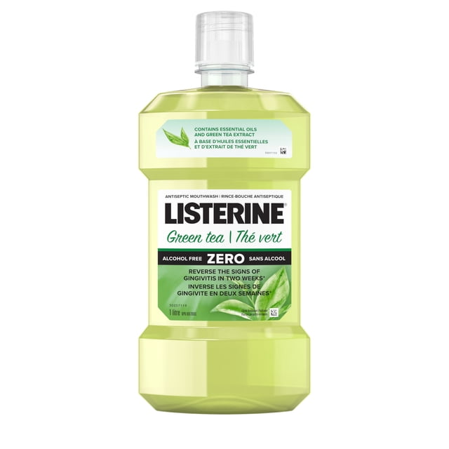 Listerine Green Tea Zero Antiseptic Mouthwash in a 1-litre translucent green plastic bottle with a clear child-resistant cap, featuring a label that highlights its alcohol-free formula, green tea extract, essential oils, and its use as an oral care rinse to reduce plaque and reverse gingivitis signs in two weeks.