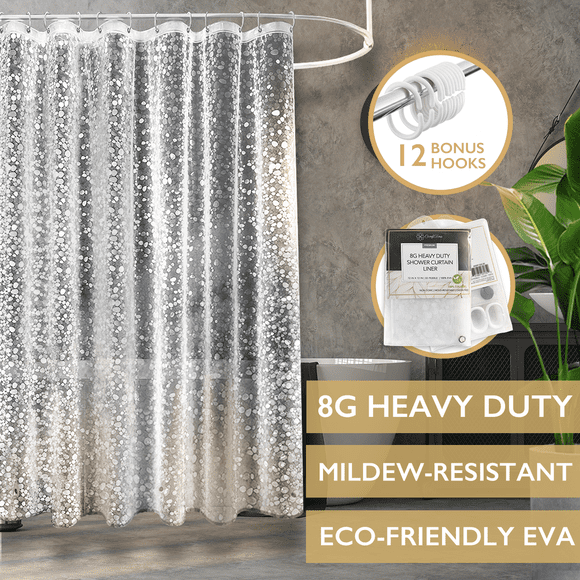 ComfiTime Shower Curtain Liner | 8G Heavy-Duty Waterproof Shower Curtain Liner, 100% EVA Mildew Resistant Material, 3 Magnetic Weights, Rustproof Brass Grommets, 12 Hooks, 72" W x 72” H, Clear