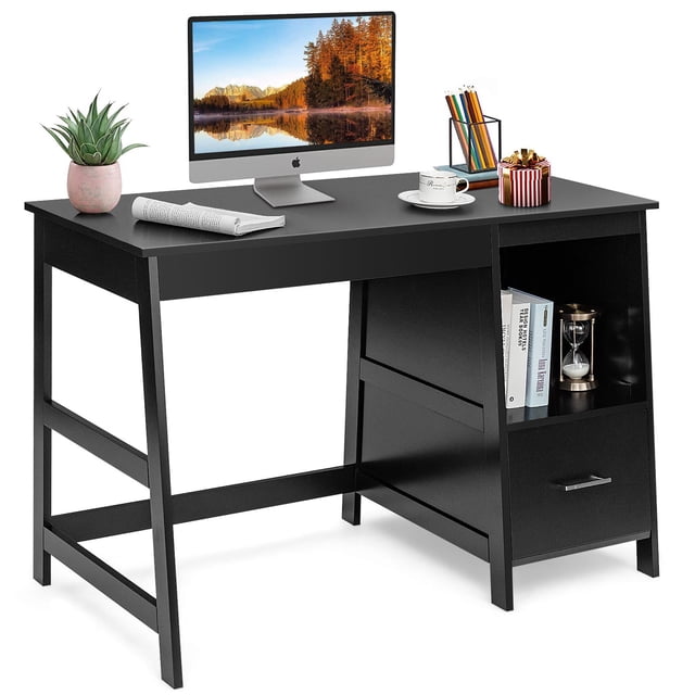 Giantex Wooden Computer Desk in black with a ladder-shaped design, featuring a wide 47.5-inch by 20-inch desktop, two drawers, and a large open shelf for ample storage. Made of engineered wood with a lacquered surface, this desk is durable and stable, supporting up to 150 lbs on the desktop. Ideal for home offices, studies, or bedrooms, it combines modern style with functionality.