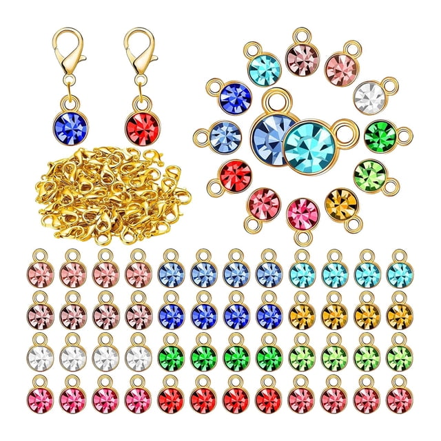 simhoa 180Pcs Crystal Birthstone Charms Beads Pendants for Jewelry Making Golden. This set includes 60 crystal birthstone charms in 12 assorted colors, 60 lobster claw clasps, and 60 open jump rings. Each charm is crafted with a round rhinestone in a golden alloy frame, measuring 10mm x 7mm. Perfect for DIY jewelry projects like necklaces, bracelets, and earrings. The charms are rust-resistant and make thoughtful gifts for occasions such as Christmas, Valentine's Day, and birthdays.