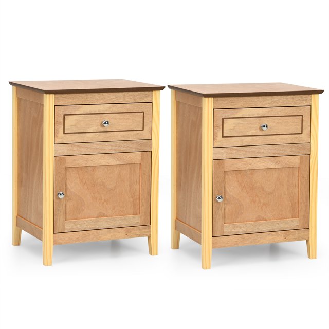 Costway Table de Chevet 2 Pcs Tiroir Table d'Appoint Bout de Canapé Armoire de Rangement Naturel