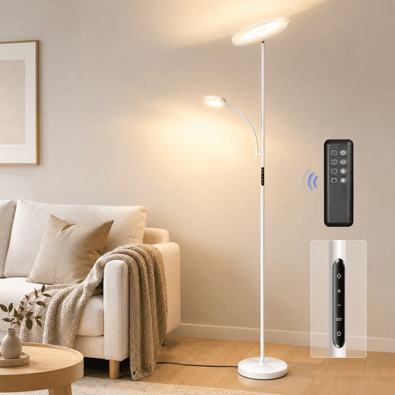 OUTON Torchiere Floor Lamp with Reading Light, Floor Lamps for Living Room,4 Colors Temperature Dimmable Standing Lamps with Remote and Touch Control, Silver