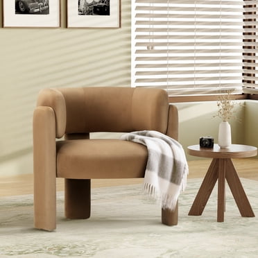 MALOL Modern Velvet Accent Chair, Upholstered Barrel Side Chair, Comfy Round Upholstered Arm Chair with 3 Legs for Living Room, Bedroom, Reading, Khaki