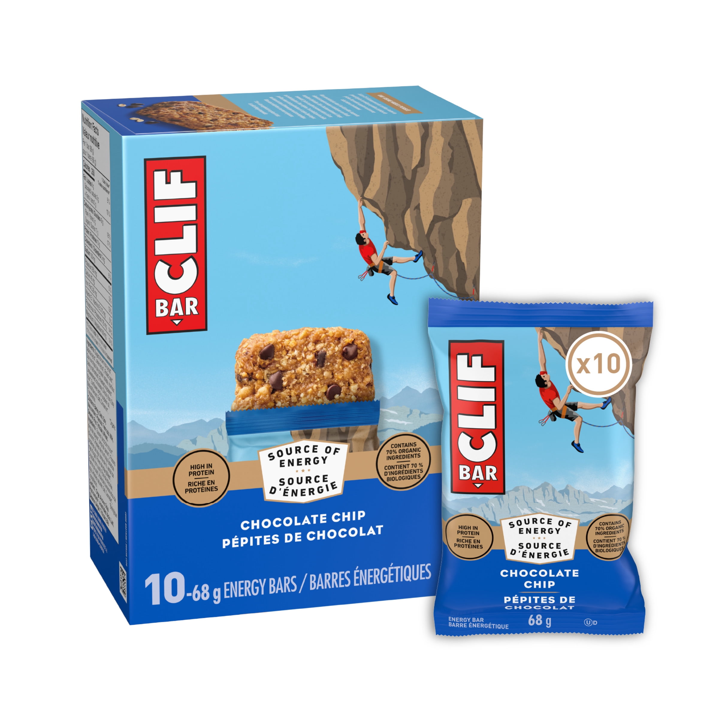 CLIF BAR Barres Énergétiques, Pépites de Chocolat, Barre Granola, Riche en Protéines, Contient 70% d'Ingrédients Bio, 10 Barres