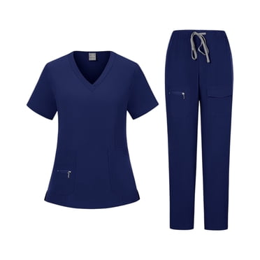Ktyne Scrubs for Women Set M Stretchy Nurse Uniform Short Sleeve Scrub Top & Jogger Pants Solid Color Scrub Suit with Multi Pocket Navy M