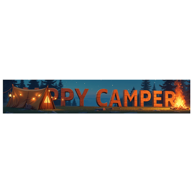Forest Design Happy Camper Tent Banner Campfire Nature Scene for Outdoor Adventure Camping Event