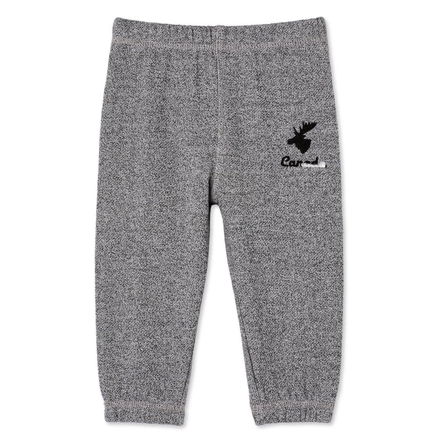 Canadiana infants' gender inclusive jogger in grey cotton-rich fleece with elasticized waistband and cuffs, featuring a black moose head graphic and brand name on the front, designed for babies 0-24 months for comfortable all-day wear.