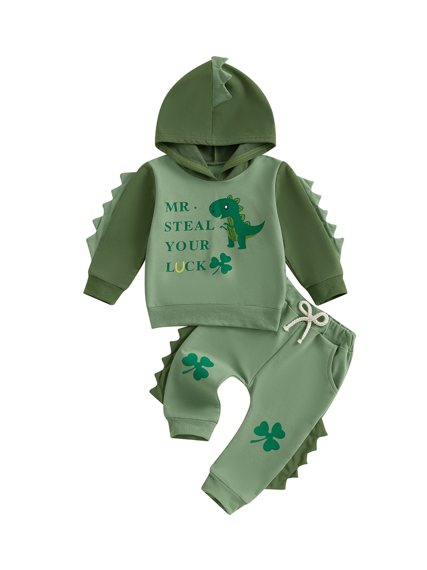 Gupgi Fall Baby Boy Dinosaur Clothes Toddler Clover Print Hooded Sweatshirt Pants 2pcs Set