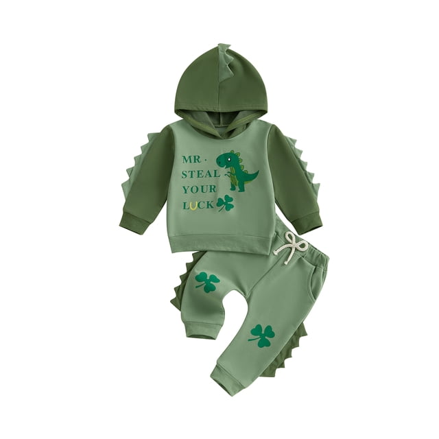 Gupgi Fall Baby Boy Dinosaur Clothes Toddler Clover Print Hooded Sweatshirt Pants 2pcs Set