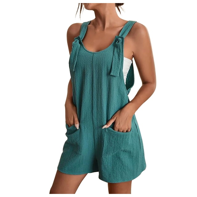 yoeyez Womens Rompers And Jumpsuits for Summer,Women Solid Color Adjustable Straps Jumpsuits Sleeveless Round Neck Shorts Playsuits Overalls With Pockets Green,L