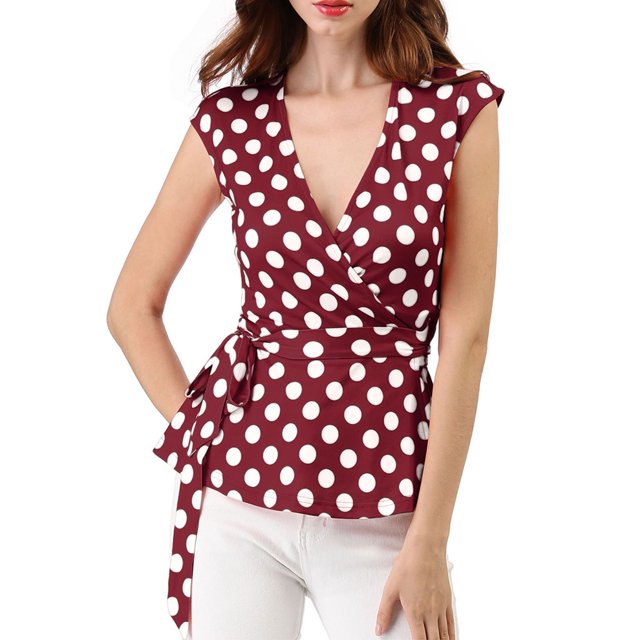 INSPIRE CHIC Haut à Pois Sans Manches à Col en V à Nouer à l'Avant Portefeuille pour Femme