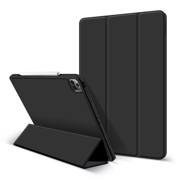 12.9-Inch iPad Pro 2021 Leather Shockproof iPad Tablet Case with Pencil Holder by PrimeCables, shown in a sleek black design. The case features a tri-fold cover, a built-in Apple Pencil holder, and compatibility with the iPad Pro 2021 12.9-inch model. It offers full-body protection against scratches, dust, and damage, with a lightweight and anti-fingerprint leather material. The case supports Apple Pencil charging and includes an auto wake/sleep function.