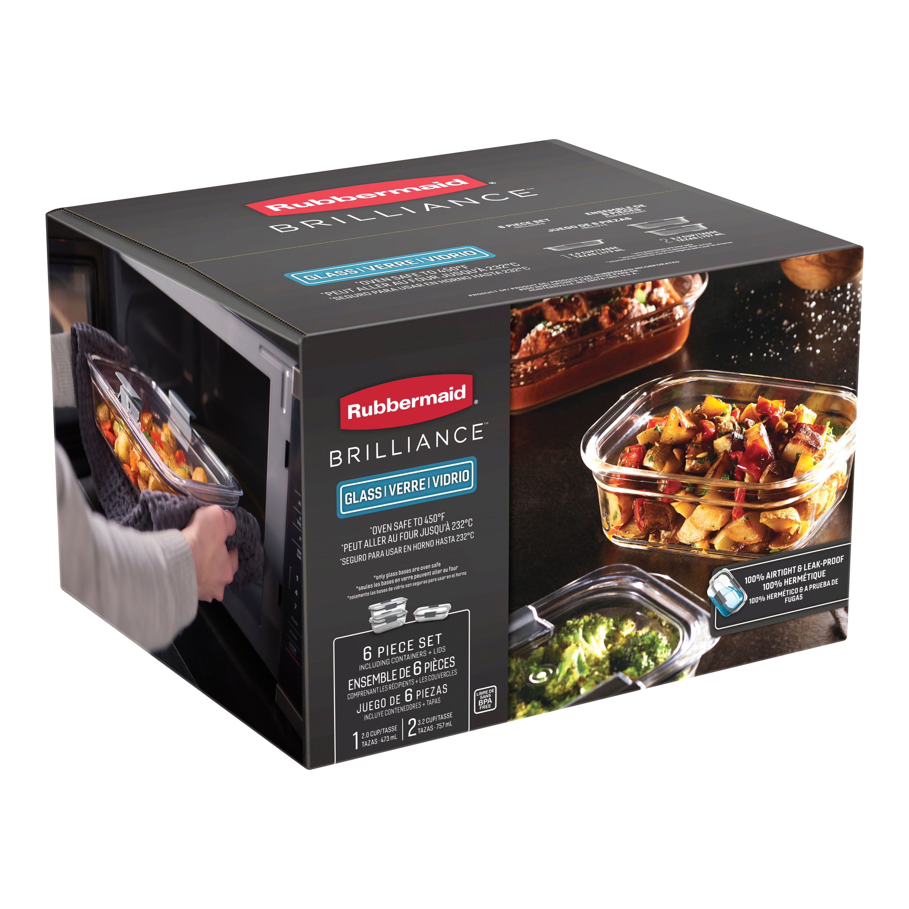 Rubbermaid Brilliance Glass Food Storage Container, Medium Rectangular Set, 3 Pack, 6 pieces with lids
