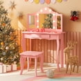 thumbnail image 2 of Costway Kid Vanity Table Stool Set Tri-Folding Mirror Adjustable 3-Color LED Lights Pink, 2 of 10