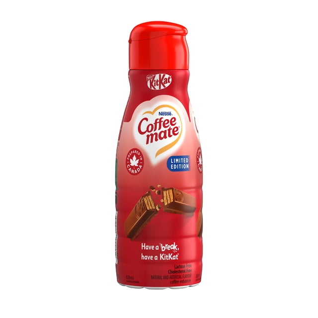Édition Limitée KITKAT Rehausseur de Café Liquide par Coffee mate en Bouteille Rouge de 828 ml avec Bouchon à Clapet Rouge, Présentant des Images et Texte de Gaufrette au Chocolat KITKAT Notant Qu'il N'Y a Pas de Lactose, Pas de Cholestérol, et Préparé au Canada, Convient pour Rehausser le Café Chaud Ou Froid avec du Chocolat et une Saveur de Gaufrette.