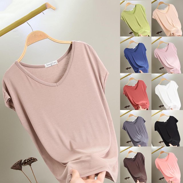 FRSASU T-Shirt de Sommeil Uni pour Femme Haut de Pyjama à Col en V Blanc