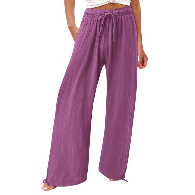 Timegard Womens Pants Plus Size Elastic High Waisted Drawstring Wide Leg Lightweight Casual Loose Trousers