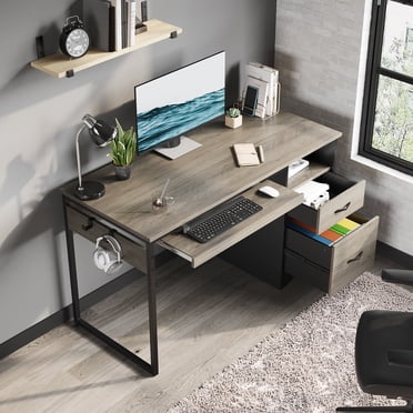 Bestier Bureau de 48” pour Bureau à Domicile avec Tiroirs, Bureau d'Ordinateur et d'Écriture avec Plateau pour Clavier et 2 Crochets pour Bureau à Domicile, Gris