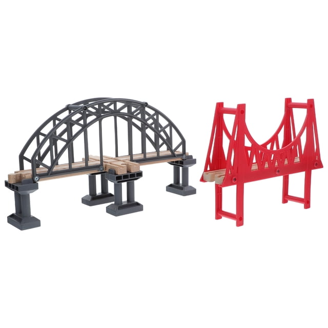 MOVTOTOP 2Pcs Wooden Train Bridge Educational Value Red Cross Shape For Learning Activities 12.6x6.9x5.3in. The set includes a red suspension bridge and a grey arch bridge, both featuring wooden tracks and plastic supports. Designed for children, it promotes creativity, problem-solving, and spatial awareness. Compatible with other wooden train sets, it is ideal for DIY railway configurations and family playtime.
