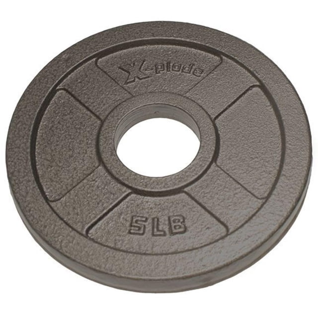 Progression Fitness X-Plode Olympic Weight Plate Hammertone 5lb, a round, textured metal weight plate with a central hole, embossed with 'Xplode' and '5LB', ideal for strength training and weightlifting exercises.