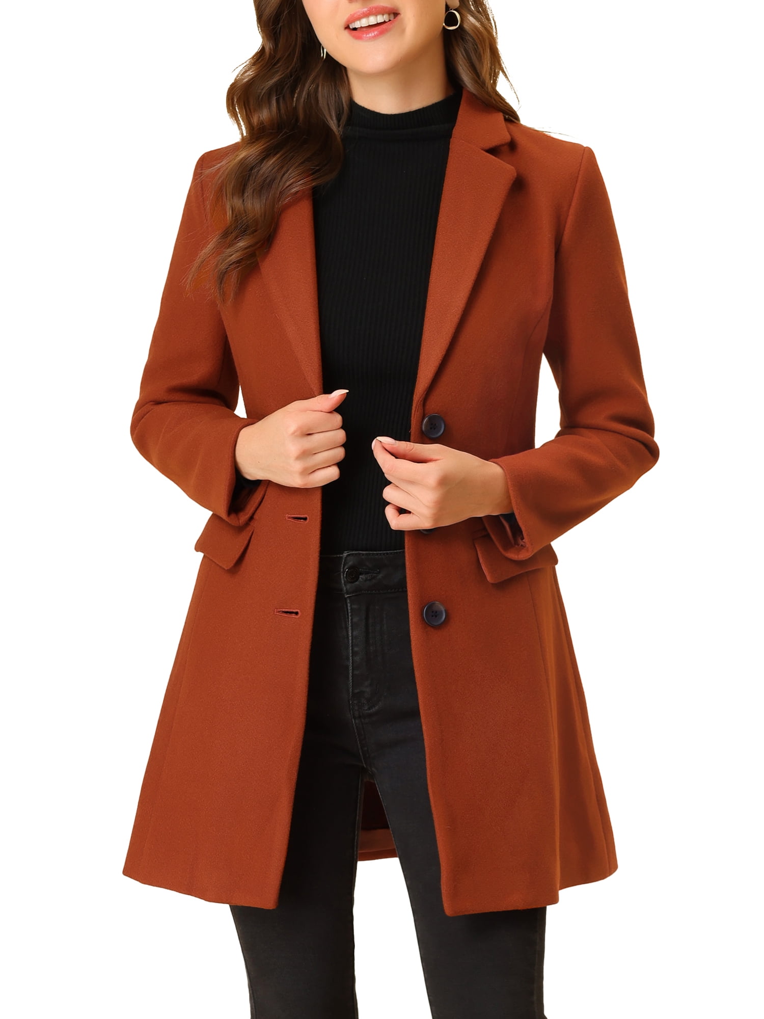 INSPIRE CHIC Women's Coat Solid Color Notched Lapel Single Breasted Winter Peacoat Brick Red L