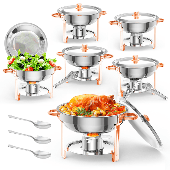 6-Pack 5-Quart Round Chafing Dishes, Rose Gold Stainless Steel Buffet Food Warmers for Catering and Parties