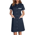 thumbnail image 1 of Bocqde Robe de Sarrau Femmes Infirmières Tenue de Travail Robes Manches Courtes Boutonnée Robe de Sarrau avec Poches, 1 of 5