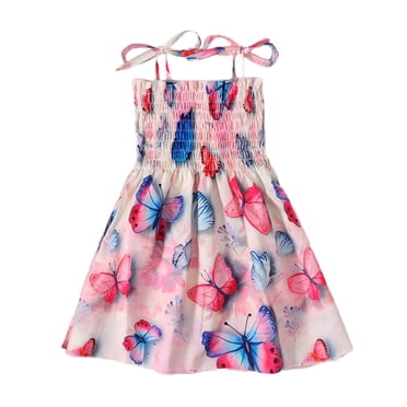 Robes pour Tout-Petites Fille à Bretelles Spaghetti Robes d'Été pour Filles Robe Trapèze à Volants Évasée Smockée Robe Fleurie Filles Robe d'Anniversaire Fille