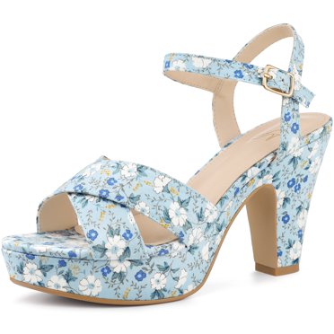BLISSFUL STEP Chaussures pour Femmes Motif Floral Plateforme Talon Épais Bout Ouvert Slingback Sandales à Bride à Boucle Bleu 7,5
