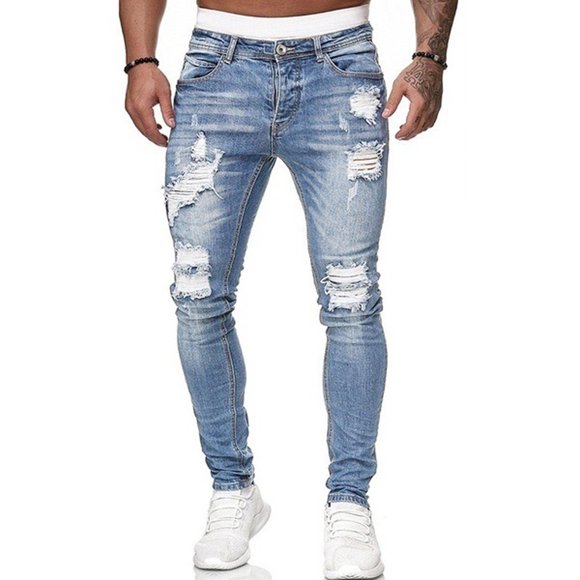 Fortune Men Stretch Skinny Ripped Jeans Ripped Trousers Distressed Denim Pants