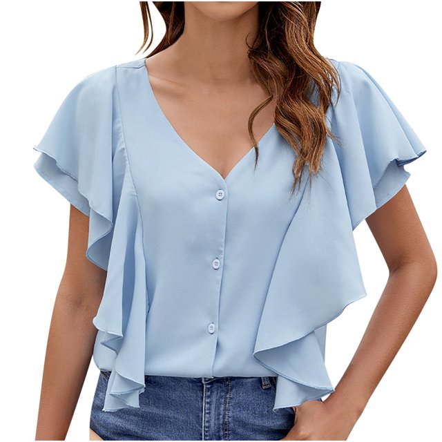 Yuyuzo Womens Button down Shirts Summer Deep V Neck Short Sleeve Blouses Ruffle Loose Fitted Flowy Tees