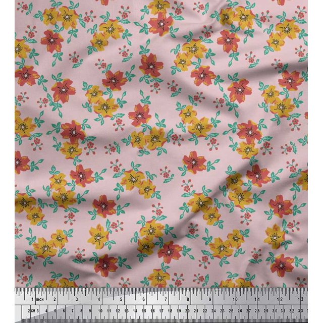 Soimoi Polyester Crepe Fabric Leaves & Floral Artistic Decor Fabric Printed Yard 52 Inch Wide