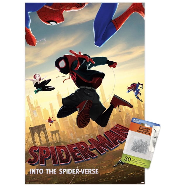 Marvel MCU - Spider-Man - Into The Spider-Verse - Affiche Murale de Plongée, 22,375 Pouces x 34 Pouces Mettant en Vedette Plusieurs Personnages de Spider-Man en poses d'Action au-Dessus d'Une skyline de Ville au Coucher du Soleil, avec Texte Audacieux de Spider-Man Rouge et Noir sur une Affiche à Fini Satiné de Qualité Supérieure, Convient à la Déco Maison et aux Oeuvres Murales, Souvent Utilisée pour Personnaliser des Chambres, des Bureaux Ou des Dortoirs
