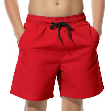 Floleo Short de Bain Garçon Short de Plage Doublure en Maille Séchage Rapide Taille Élastique et Cordon de Serrage Ajustable Enfants Couleur Unie Été Jeux d'Eau Bas (Rouge, 6-7 Ans)