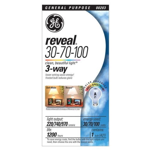 GE 30-70-100 Reveal 3-Way specialty light bulb packaging showing a frosted tri-light bulb with Reveal technology for enhanced colour accuracy and reduced glare, providing 220, 740, and 970 lumens at 30, 70, and 100 watts, with a 1200-hour lifespan, suitable for adjustable household lighting needs.