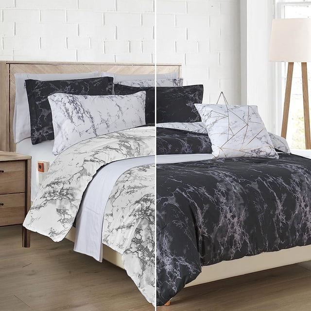 Reversible 10-Piece Marble Print Comforter Set - Includes Decorative Pillow, Fitted Sheet with Smart Pockets, Soft and Plush Medium-Weight Material, King Size, Black/White