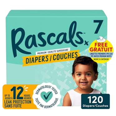 Rascals Premium Absorbent Baby Diapers Size 7, Mega Carton, 120 Count includes 5 99% Water Premium Wipes