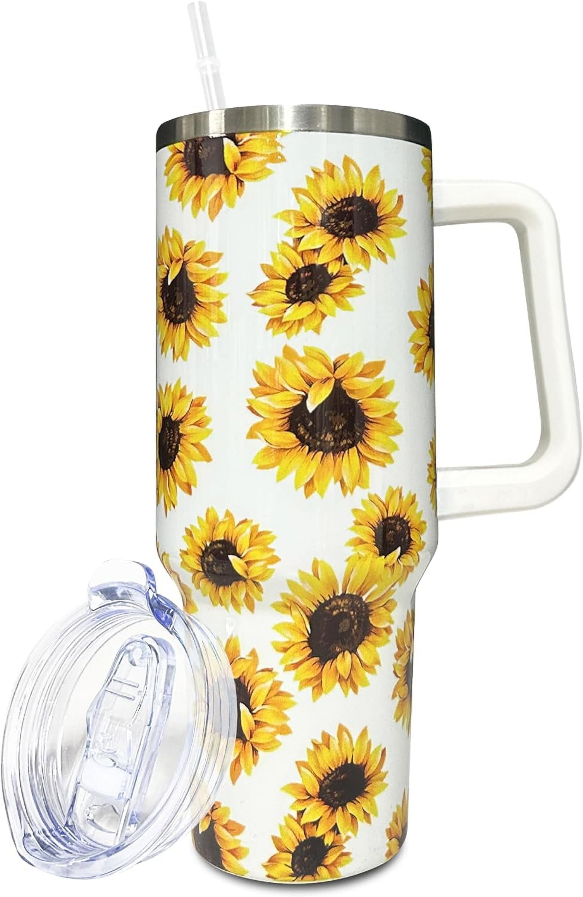Gobelet de 40 oz avec Poignée et Paille, Tasse en Acier Inoxydable Tournesol Très Grande à Double Paroi Isolée sous Vide, Tasse de Voyage, Boissons Chaudes et Froides Tasse pour Voiture