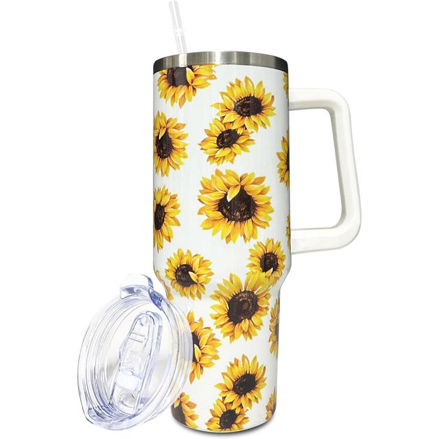 Gobelet de 40 oz avec Poignée et Paille, Tasse en Acier Inoxydable Tournesol Très Grande à Double Paroi Isolée sous Vide, Tasse de Voyage, Boissons Chaudes et Froides Tasse pour Voiture