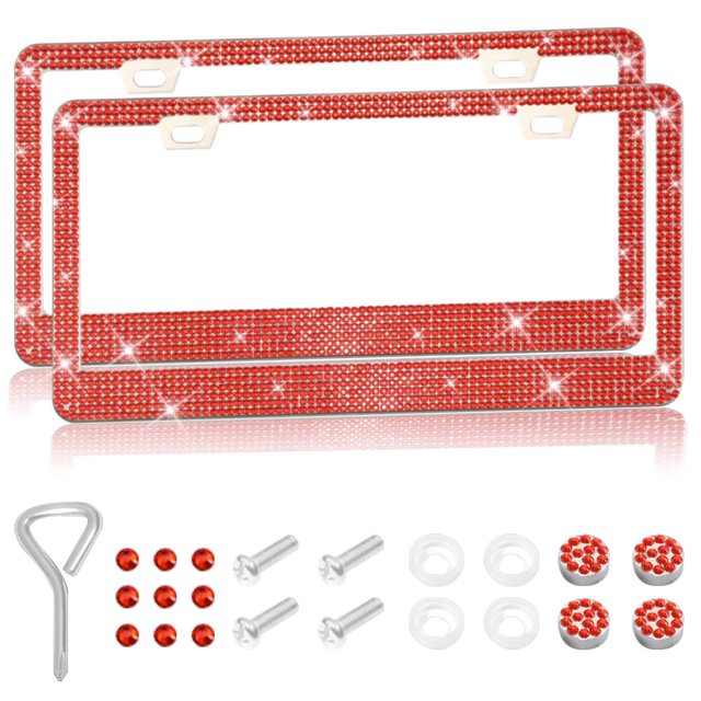 CUITING 2PCS Bling Car License Plate Frame Sparkly Rhinestone Stainless Steel License Plate Cover/Holder Universal for Most Cars SUVs Vehicles with Screw Set Auto Accessories for Wom