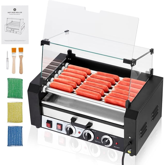 GloryStar Gril à Rouleaux pour Hot-Dogs en Acier Inoxydable, Capacité de 18, 7 Rouleaux, Chauffe-Petits Pains, Couvercle en Verre, Plateau d'Égouttement et Commandes de Température Doubles
