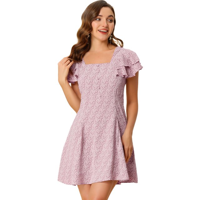 INSPIRE CHIC Women's Square Neck Ruffled Sleeve Pleated Front Printed Dress Pink M