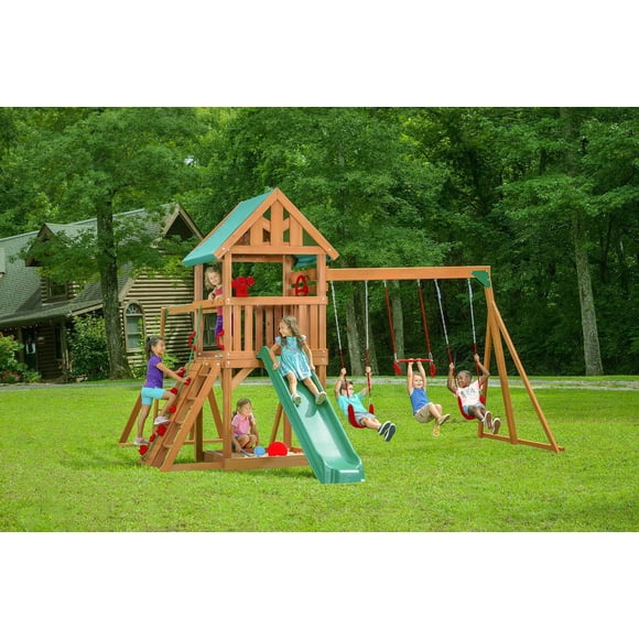 Mountain View Playset with Tarp Roof, Monkey Bars, Climbing Wall & Slide