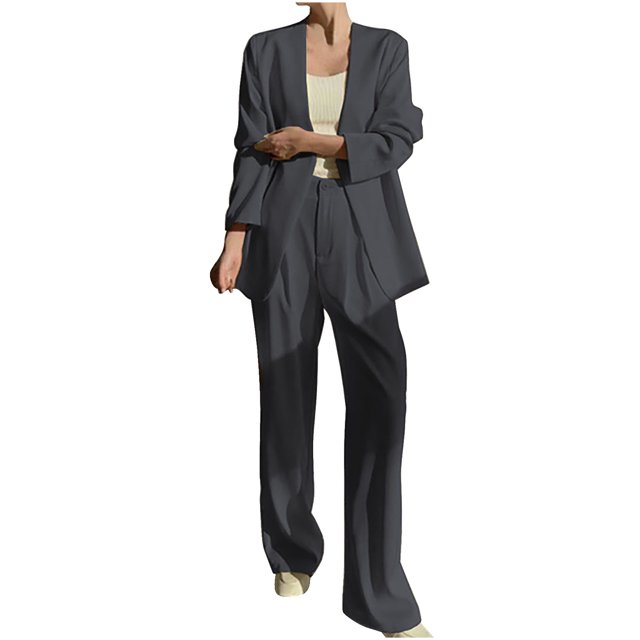 Timegard 2 Piece Suits Set for Women Button V Neck Open Front Jackets Business Office Wide Leg Pant Blazer Outfits