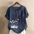 thumbnail image 2 of QATAINLAV Hauts en Coton et Lin pour Femmes 2025 Col Ras du Cou Manches Courtes Retroussées T-Shirt Tendance à Imprimé Floral Blouse Décontractée Coupe Ample Tenues de Vacances Ventes Prime Liquidation Bleu Marine P, 2 of 5