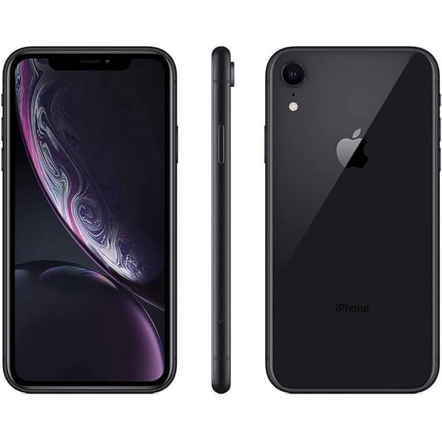 Restored Apple iPhone XR 64GB Unlocked Smartphone Like New, featuring a 6.1-inch Liquid Retina display, advanced Face ID, and an A12 Bionic chip with an 8-core Neural Engine. The phone has a 12MP wide-angle camera with Smart HDR and is splash-, water-, and dust-resistant with an IP67 rating. The design includes a glass back and aluminum frame, shown in a sleek black finish. Fully unlocked and compatible with any carrier, it comes with a charger and cable but no headphones or SIM card. Professionally inspected and refurbished to like-new condition with a minimum 90-day warranty.