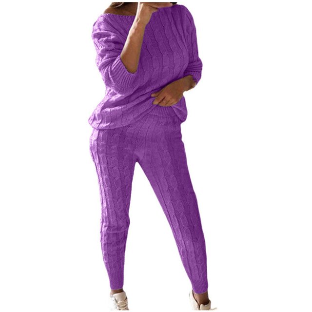 Pompotops Womens Solid Color Off Shoulder Long Sleeve Cable Knitted Warm Two-Piece Long Pants Sweater Suit Set