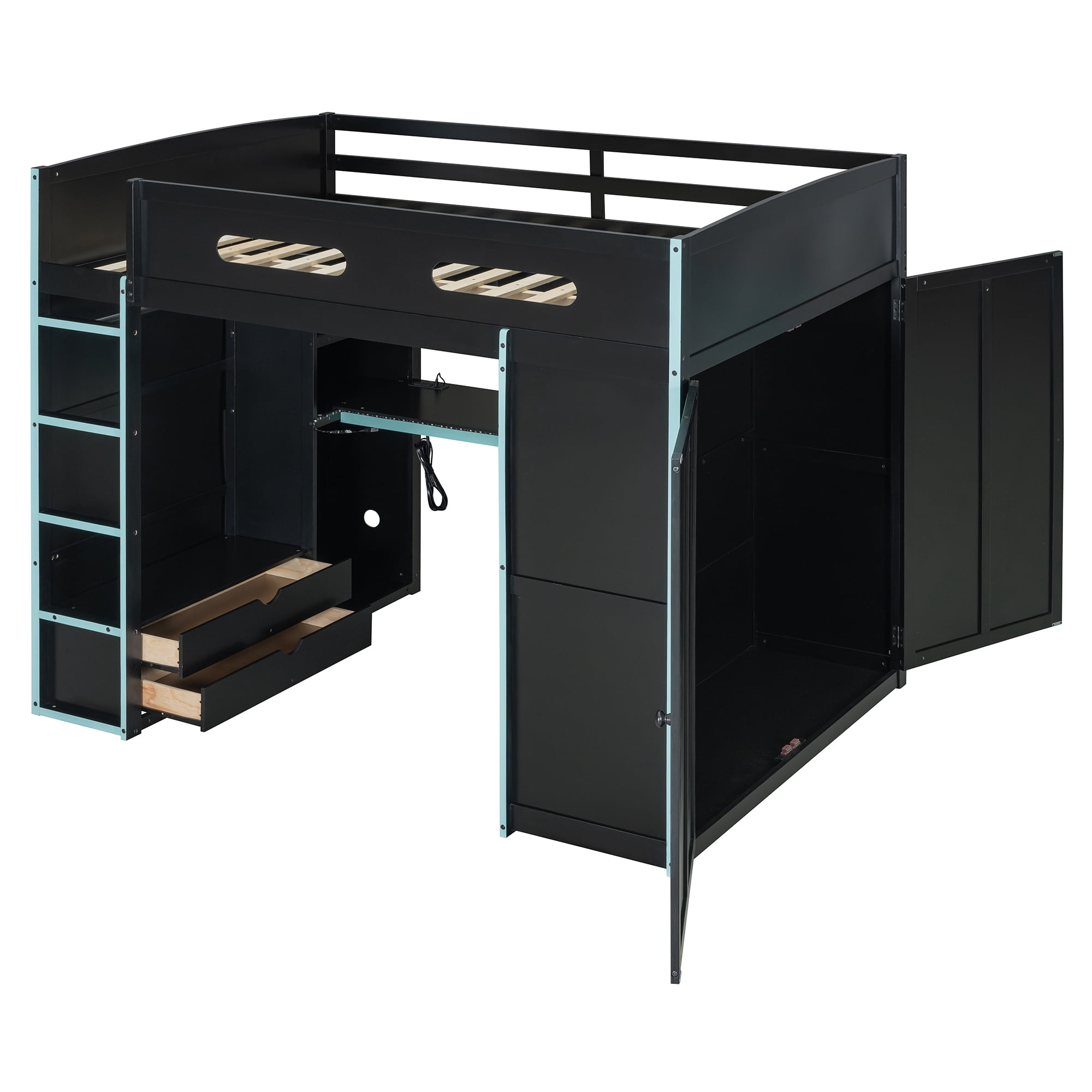 Homy Casa lit mezzanine double en bois avec bureau, armoire, tiroirs et RGB, bleu nuage